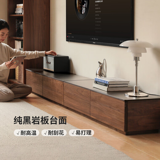 Genji Muyu solid wood TV cabinet black walnut floor-to-ceiling storage cabinet Italian minimalist living room slate splicing floor cabinet 2.2m