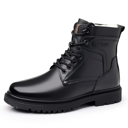 
Saimandie winter wool military hook cold-proof boots men's warm wool boots tactical combat boots high top pure wool hook cotton leather shoes 3519 black height-enhancing model 38