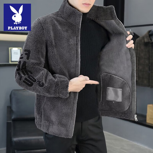 Playboy Double-sided Velvet Jacket Men's Autumn and Winter New Thick Velvet Warm High-end Loose Casual Jacket Men's Jacket Upgraded Velvet Lining Stand Collar Gray 2XL Recommended 130-145 Jin Jin equals 0.5 kg