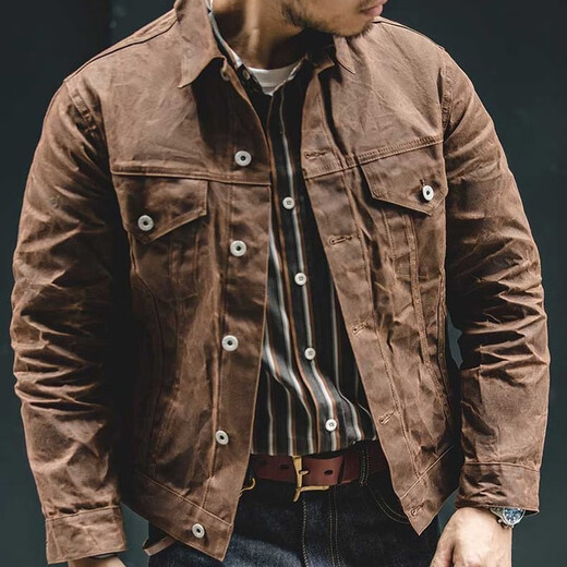Madden Workwear American Retro Heavyweight Canvas Oil Wax Jacket Men's Ami Khaki Slim Fit Top Tough Guy Men's Jacket Autumn Apricot Brown (cannot be washed) Jacket Men's High-end Handsome 2XL