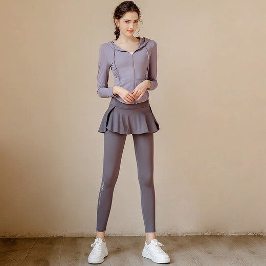 Yuebu yoga clothing set for women, high-end slimming fitness clothing, Pilates training, professional running sports suit, autumn new style, two-piece set, light blue top + black fitness pants S Recommended 80-95Jin Jin equals 0.5 kg