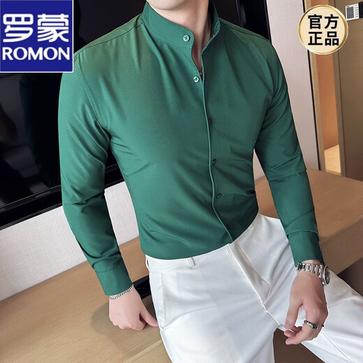 ROMON new Chinese style summer new high-end stand-up collar shirt men's long-sleeved shirt stretch drape shirt blue top white XL (135-150Jin Jin equals 0.5 kg)