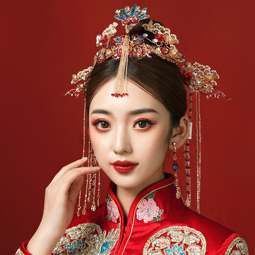 Mengyi Xiuhe tiara phoenix crown Xiamei Chinese style bride wedding costume hair accessories set magnificent dragon and phoenix gown accessories phoenix crown six-piece set + ear clip (gift box)