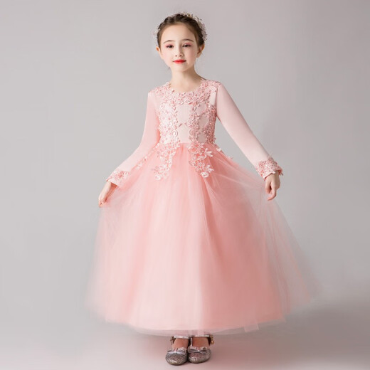 Shengxian Girls' Dress Long Puffy Mesh Princess Dress Medium and Large Children's Clothing Children's Dress New Year's Day Performance Clothing Dress [Autumn Style] Pink 150cm