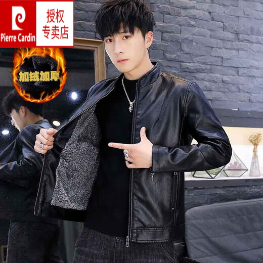 Pier Cardin autumn and winter leather jacket for men's stand collar new trendy handsome solid color jacket imitation leather motorcycle suit short leather jacket Burgundy 8961 [regular] leather jacket M