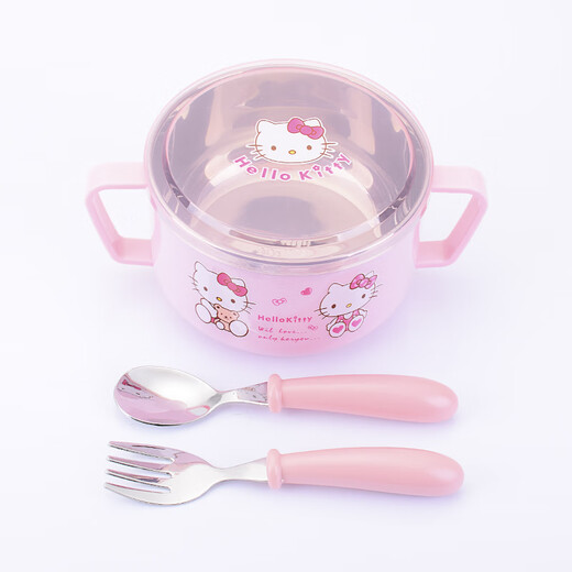 THERMOS 304 stainless steel children's bowl anti-fall and anti-scalding household baby with cover double ears children's rice bowl set cartoon Nordic pink KT cat [with fork spoon]