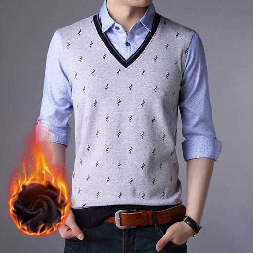 El nuevo suéter falso de dos piezas de ABEFAN para otoño e invierno para hombres y suéter de punto de mediana edad, más camisa de base tibia en terciopelo, 3879 azul más terciopelo, terciopelo integrado 175/xl recomendado 140-155Jin [Jin equivale a 0.5 kg]