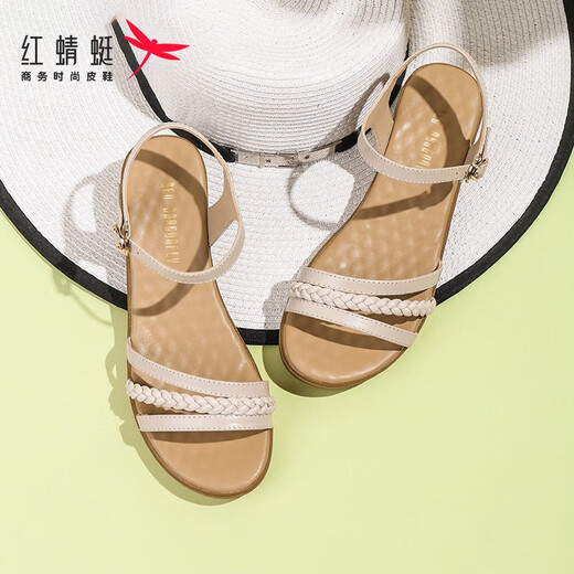 红蜻蜓凉鞋女仙女风夏季新款搭裙子的鞋学生百搭坡跟凉鞋女鞋WTK9194 米色 37