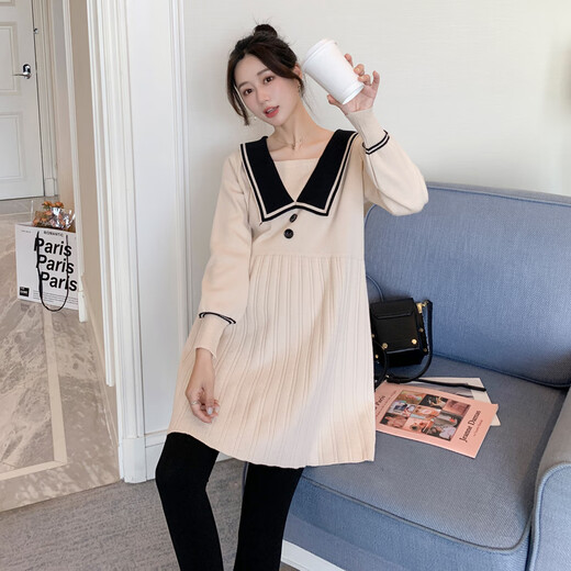 
Jingqi (JOYNCLEON) maternity suit autumn and winter two-piece set pregnant mothers knitted dress belly support leggings suit spring and autumn loose black dress + black pantyhose L