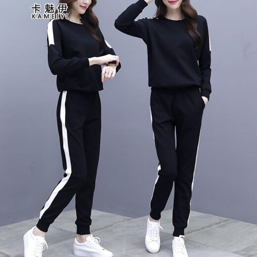 Cameiyi casual sports suit for women spring and autumn 2021 Korean version new loose slimming running wear sweatshirt sportswear two-piece set black L (105-118Jin [Jin equals 0.5 kg])