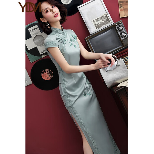 Yundong Ma old Shanghai cheongsam young style improved Chinese style new elegant temperament long slim daily dress girl light green embroidered long L (101-110Jin Jin equals 0.5 kg)