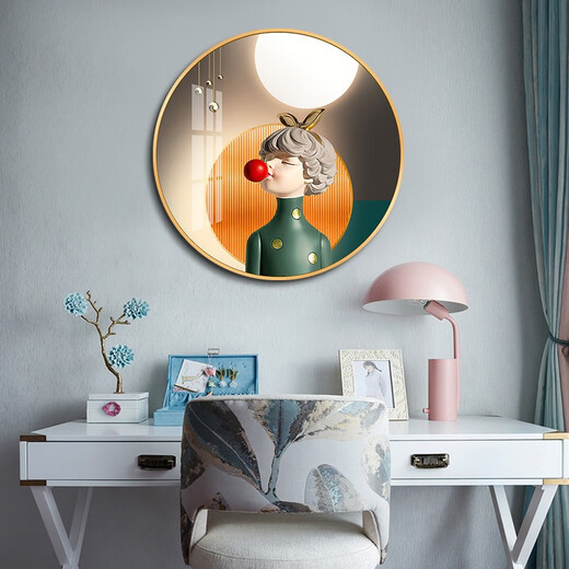 Villa round crystal porcelain painting bedroom decoration painting modern simple abstract cartoon characters children's room hanging painting room bedside painting 13886 Young girl [default black frame] High-transparent crystal porcelain surface diameter 50