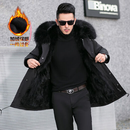 Classic car Haining Park Overcoming Male Fox Raccoon Fur Detachable Inner Boat Medium-Length Fur Integrated Men's and Women's Fur Jacket Winter Black Shell + Original Color Inner Boat [Furry Sleeve] 2XL 130-150Jin [Jin equals 0.5 kg]