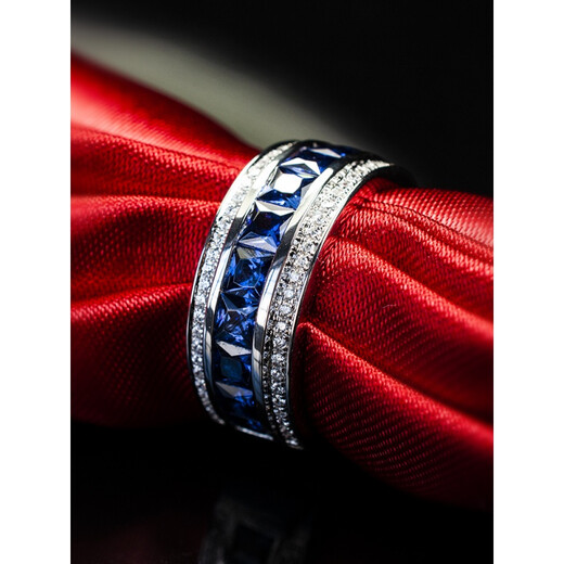 Feiyu Fat Donglai same style moissanite diamond ring for men, sapphire ring for men, single row of diamonds, imitation tanzanite, 925 silver plated tide, spot No. 14-16 circle, wide version blue