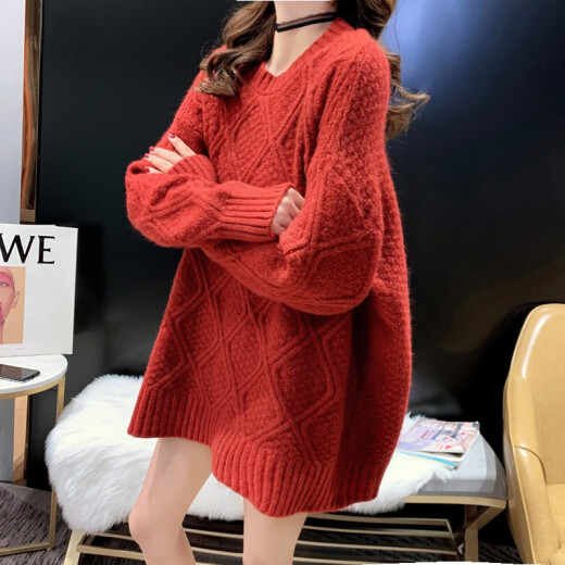 Yanxun's new twist mid-length sweater skirt for women to wear loose autumn and winter lazy style rhombus pullover sweater autumn and winter red one-size-fits-all