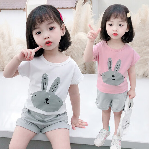 布潮星女童套装夏装新款夏季儿童洋气女宝宝童夏天短袖T恤短裤小孩衣服 粉红色（上衣+裤子） 110码建议3-4周岁）