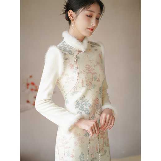 Chuchan Clothing New Chinese Dress Women's Autumn and Winter New Waist Embroidered Mink Fur Gentle Chinese Style Improved Cheongsam Off-White L (Ready Stock)