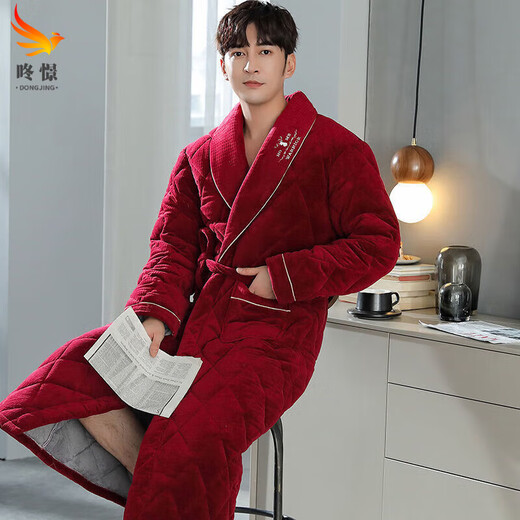咚憬冬季男士珊瑚绒睡袍加厚加长款三层夹棉保暖浴袍中年加绒睡衣冬天 Y9859【加厚加长】 XL （建议140-165斤）
