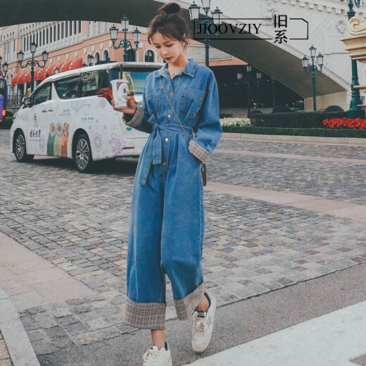 JIOOVZIY2020 Spring and Autumn New Style Denim Jumpsuit Women's Suit Korean Style Loose Jumpsuit Casual Wide Leg Straight Trousers Trendy High-end Foreign Style Light Luxury Fashion Trendy Denim Blue L