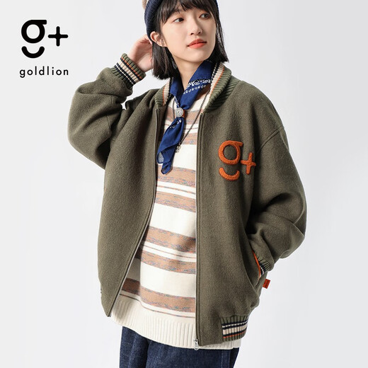 金利来（Goldlion）g+男士夹克秋冬季字母logo【纯羊毛】棒球领个性宽松潮流外套 卡其绿-64 M 170/88A 推荐120-130斤