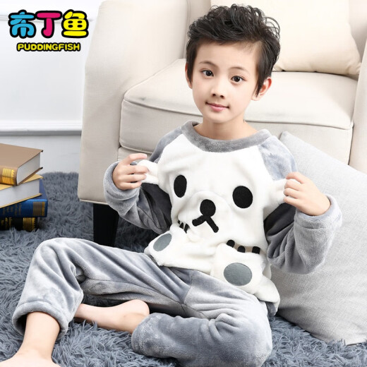 Pudding Fish Children's Clothes Boys' Pajamas Autumn and Winter Children's Flannel Girls' Coral Fleece Plus Velvet Thickened Little Boys' Middle and Large Children's Home Clothes 8012 - Gray 90cm (90 size recommended height is about 90cm)