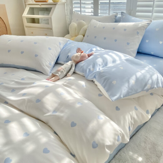Chongyou thickened quilt set quilt core + four-piece set + pillow core full set single and double mattress autumn and winter dormitory six-piece set [quilt set] love blue single quilt core 1.5*2.0m2Jin [Jin equals 0.5 kg] [six-piece set]