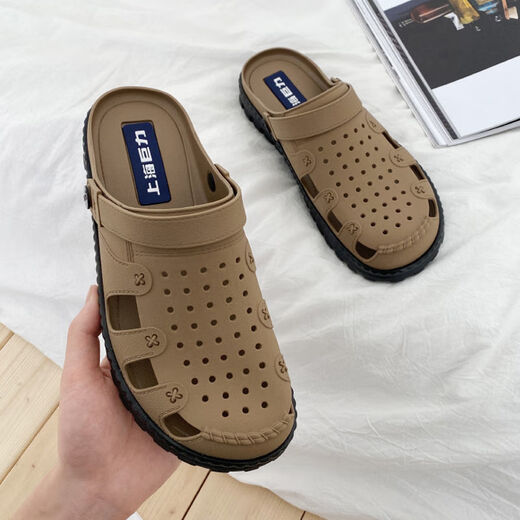 
POLNZET (POLNZET) non-slip wear-resistant hole shoes for men's outer wear slippers breathable toe soft-soled slippers Personalized trendy beach shoes Shanghai Juli 3524-khaki 43 [standard regular size]
