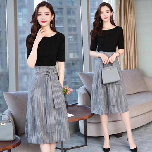 Laini Shengna short-sleeved chiffon dress Korean style women's clothing 2020 summer new slim fashionable two-piece suit mid-length beach skirt top + skirt please take the correct size