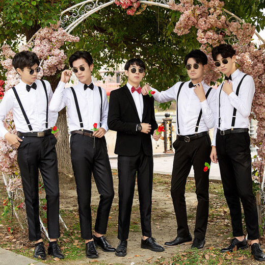 Winter groomsmen suit Western-style brothers' clothing men's wedding group clothing suit jacket shirt vest three-piece suit dress spring white long sleeves + black pants + bow tie L