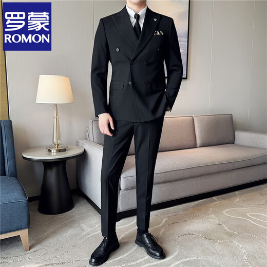 ROMON high-end double-breasted suit suit male groom wedding dress formal fit Korean solid color suit three-piece suit black single-piece suit XL/52