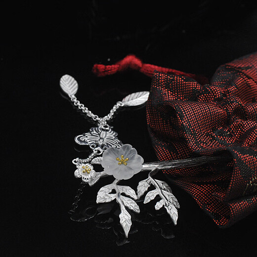 Fu and Fu S925 silver tassel hair accessories, palace style hand-carved white crystal cherry blossom hairpin, simple silver hairpin, white, 925 silver