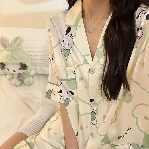 She mengduo pyjamas pour les femmes d'été en soie de glace à manches courtes dortoir des étudiants peut porter des vêtements de maison d'été costume en deux pièces 9905t chat 23 avec poitrine m 70-90jin [Jin est égal à 0,5 kg]