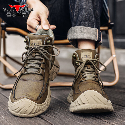 
Bull Family Men's Shoes Spring and Autumn New Handmade Outdoor Non-Slip Martin Boots Men's Casual High-top Leather Shoes Working Boots Men's Khaki [Four Seasons Single Shoes] GN124101279 41 (Sports Shoes Size)