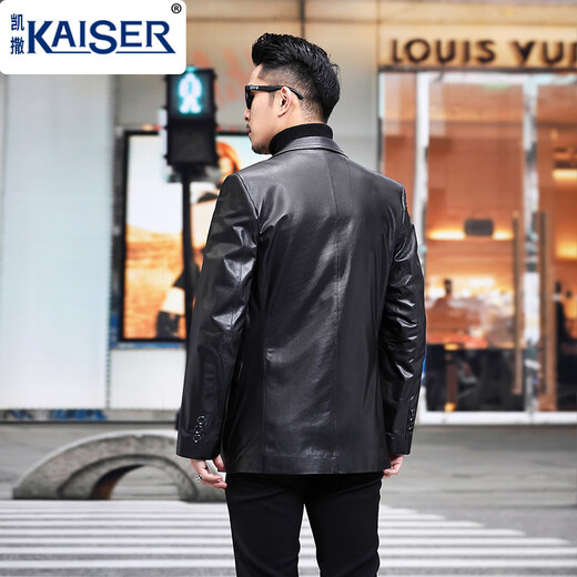 凯撒（KAISER）断码格子真皮西装领头层绵羊皮皮衣男外套西服两颗扣修身春秋休闲 黑色 50/XL