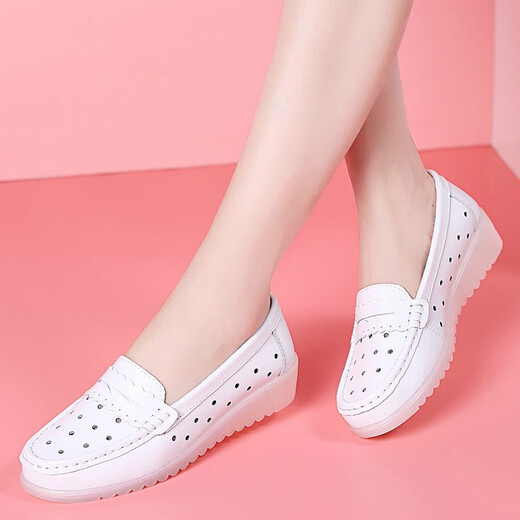 Dockadometham, genuine leather nurse shoes for women, new soft sole, flat sole, autumn and winter, anti-slip, anti-odor, and not tired, pregnant women single shoes, mother white women's shoes, beauty salon shoes, women's work shoes 829 white (hollow) 36