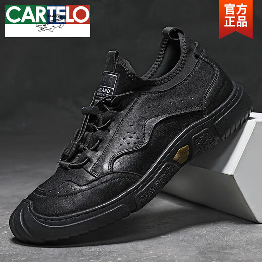 CARTELO Crocodile (CARTELO) top layer cowhide men's casual shoes 2025 spring new lace-up outdoor soft sole shoes driving shoes breathable men's shoes 9918 black 40
