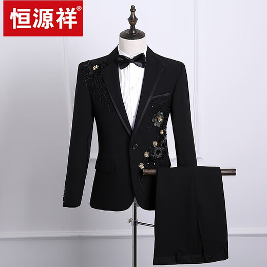 Hengyuanxiang new performance clothing men's adult suit singer host costume stage chorus emcee performance dress black top + pants with tie 180/92A XL weight 160Jin Jin equals about 0.5 kg
