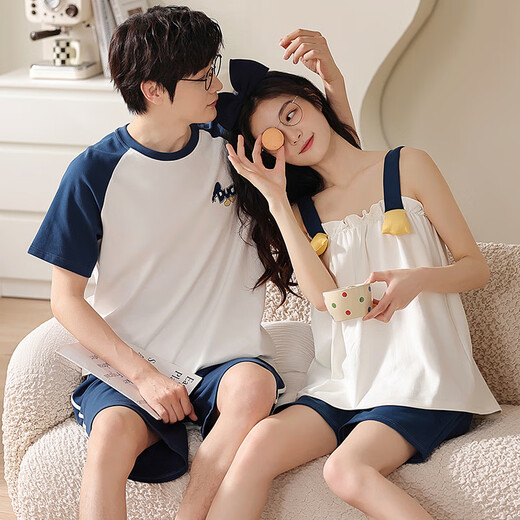 
Light and quiet pure cotton couple pajamas for women in summer suspender shorts suit casual simple men short sleeves can be worn outside home clothes summer QH9906 M women