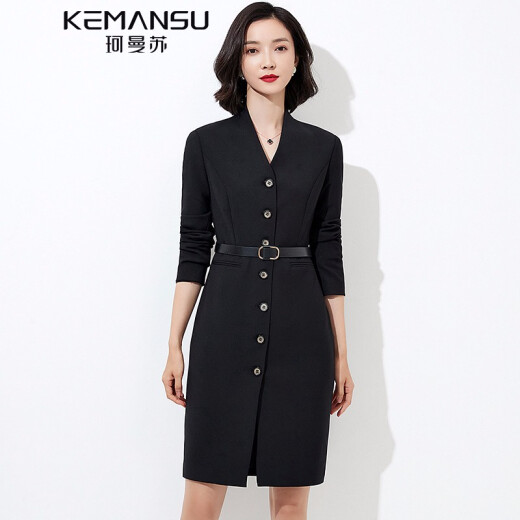 Kemansu brand women's business professional dress autumn and winter black long-sleeved formal wear female CEO work uniform waist slimming skirt black dress S