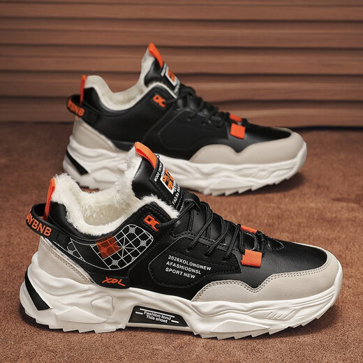 Mountain Flower Creek [optional with velvet] Men's shoes, autumn and winter new cotton shoes, sports and casual running thick soles, versatile dad's trendy shoes, black orange [upgraded version]-2601 39