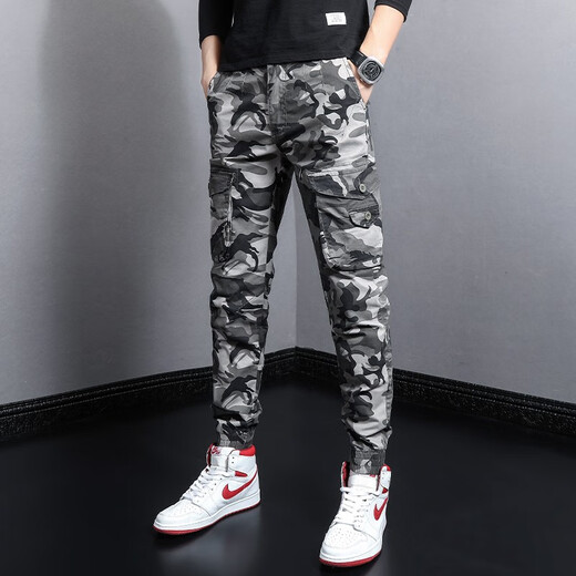 Gekochte Cui (Shucui) Frühlings- und Sommer-Herren-Freizeithosen koreanische Art Trendy Marke Slim-Fit-Hosen Persönlichkeit Vielseitige Mode elastische Taille Multi-Tocket-Arbeitshose Herren trendige Tarnhosen WJL-691C Grau Camouflage Größe 28 (Waist Cirps 1 Foot 1)