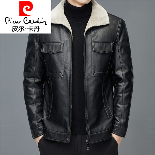 
Pierre cardin 2023 new leather down jacket men's short autumn and winter thickened imitation leather plus velvet stand collar leather jacket fur collar jacket 15827 black M 170