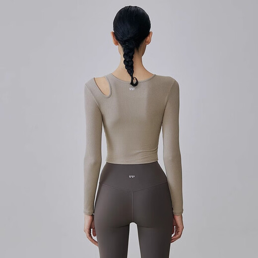 Gigt Jiji sports long-sleeved T-shirt yoga wear women's Pilates with chest pad running sports fitness top Khaki L size