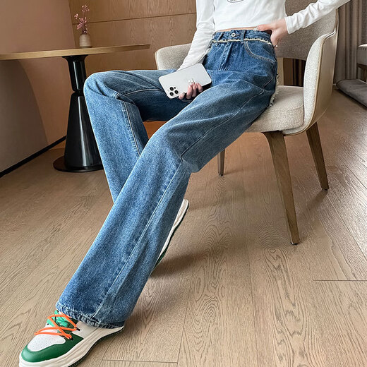 依慕琪高腰直筒牛仔裤女宽松显瘦2025年新款春秋小个子毛边撞色阔腿裤子 hn693 茵曼 复古蓝 S  适合 95斤以内
