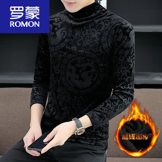 罗蒙（ROMON）加绒加厚半高领打底衫男士黑色金丝绒长袖t恤秋冬季内搭T 691黑色 2XL