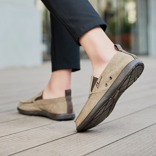 Huili pedal lazy shoes classic men's shoes lightweight breathable footwear driving shoes solid color middle-aged and elderly casual canvas shoes 912 khaki 42