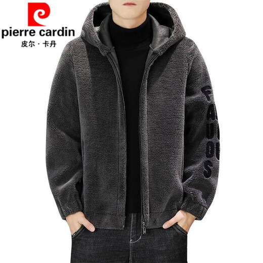 Pierre Cardin Men's Shearling Hooded Jacket Men's 2025 Winter New Polar Fleece Thickened Jacket Men's Jacket Gray 2XL 130-150Jin Jin equals 0.5 kg
