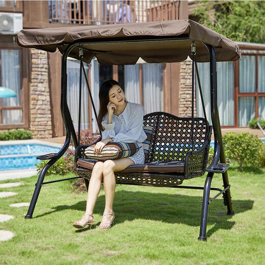 Mu Xiaoxi Outdoor Innenhof wasserdichte Sonnenschutz Haushalt Mehrköpfiger Schwung im Freien Garten Schaukelstuhl Villa Kleiner Innenhof Internet Promi Doppelhänge Stuhl Dark Night Black Belt Shed [Senden Sie Kissen Blumenrebelampe]