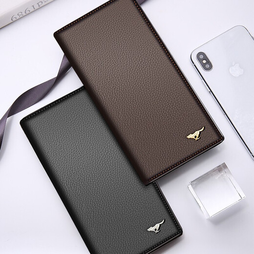 Septwolves New Year's gift for men, wallet, card holder, genuine leather long wallet, large capacity, first layer cowhide for dad, for husband, brown long metal wolf logo