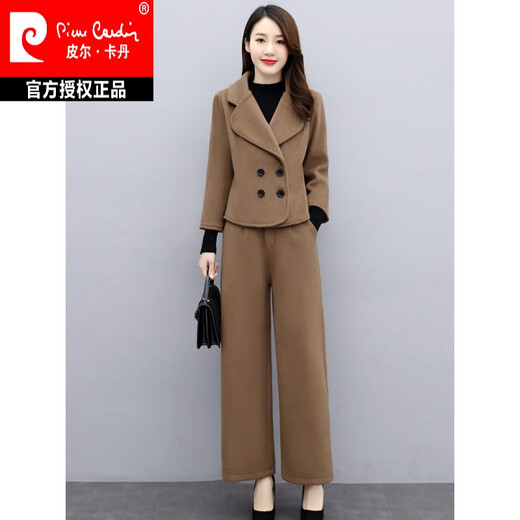 Pierre Cardin wide-leg pants suit for women, autumn and winter two-piece suit, middle-aged temperament, woolen woolen professional small blazer for women, coffee L 105-115Jin Jin is equal to 0.5 kg
